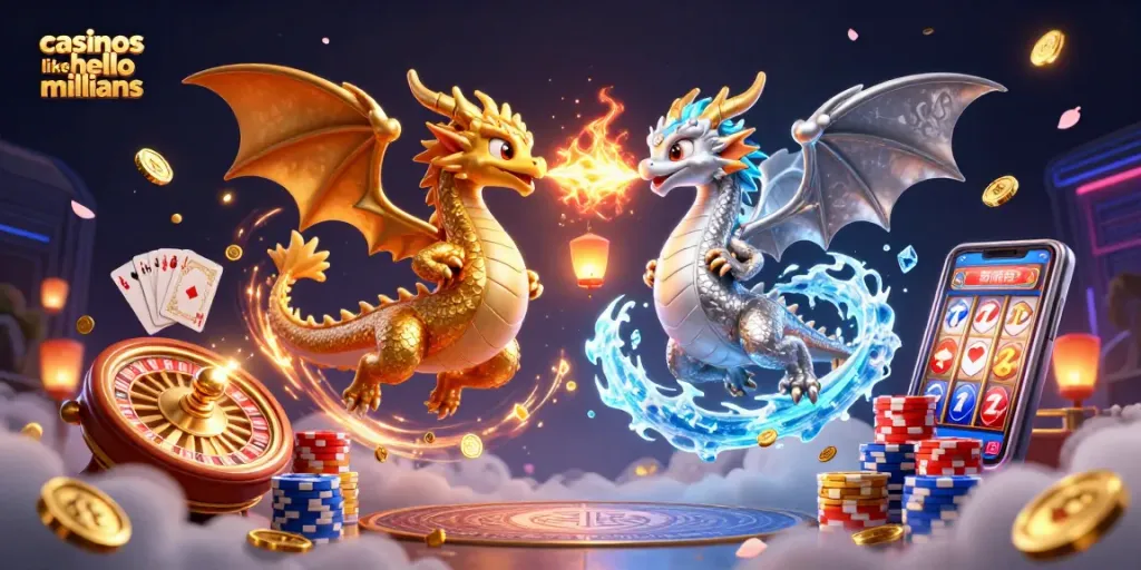 Experience thrilling action with casinos like hello millions, showcasing dragons, coins, and game elements.