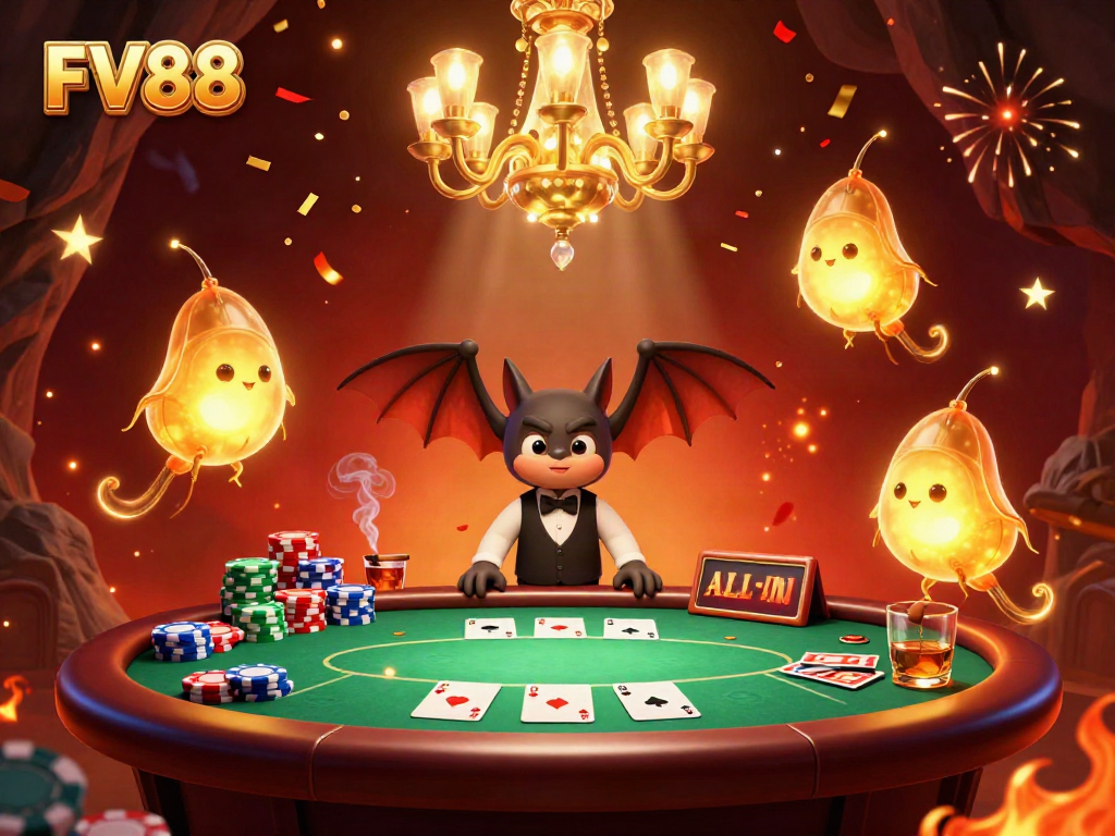 Experience exciting poker action at FV88's animated casino with glowworms illuminating the scene.