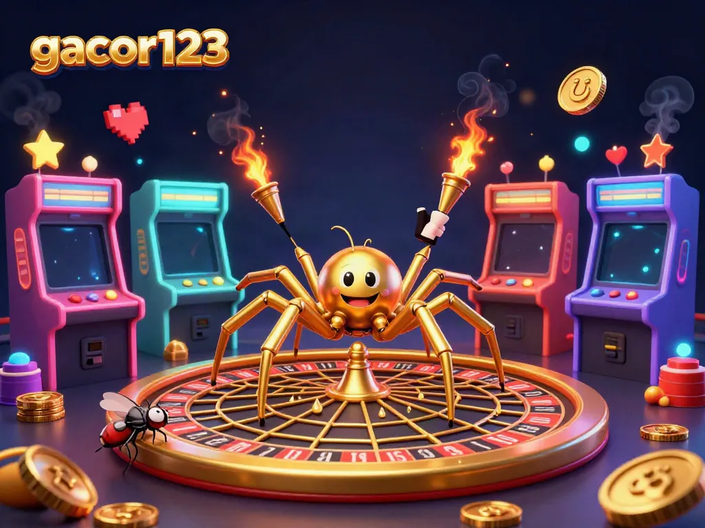 Engage with gacor123's themed betting experience featuring a lively spider and centipede in a striking casino setting.