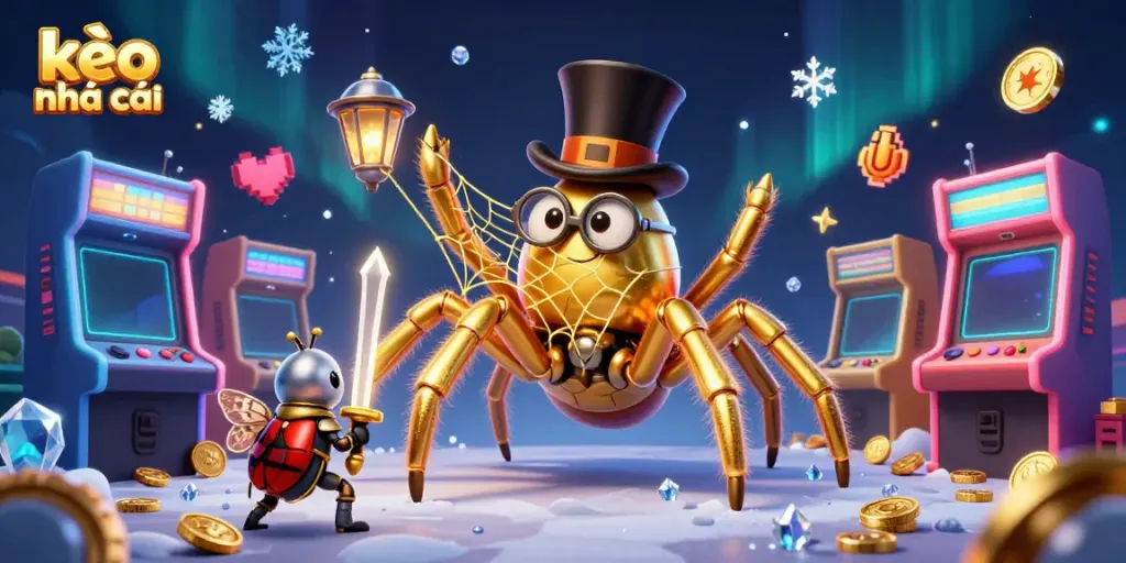 Experience kèo nhà cái with a vibrant scene of a golden tarantula and gaming elements in a casino.