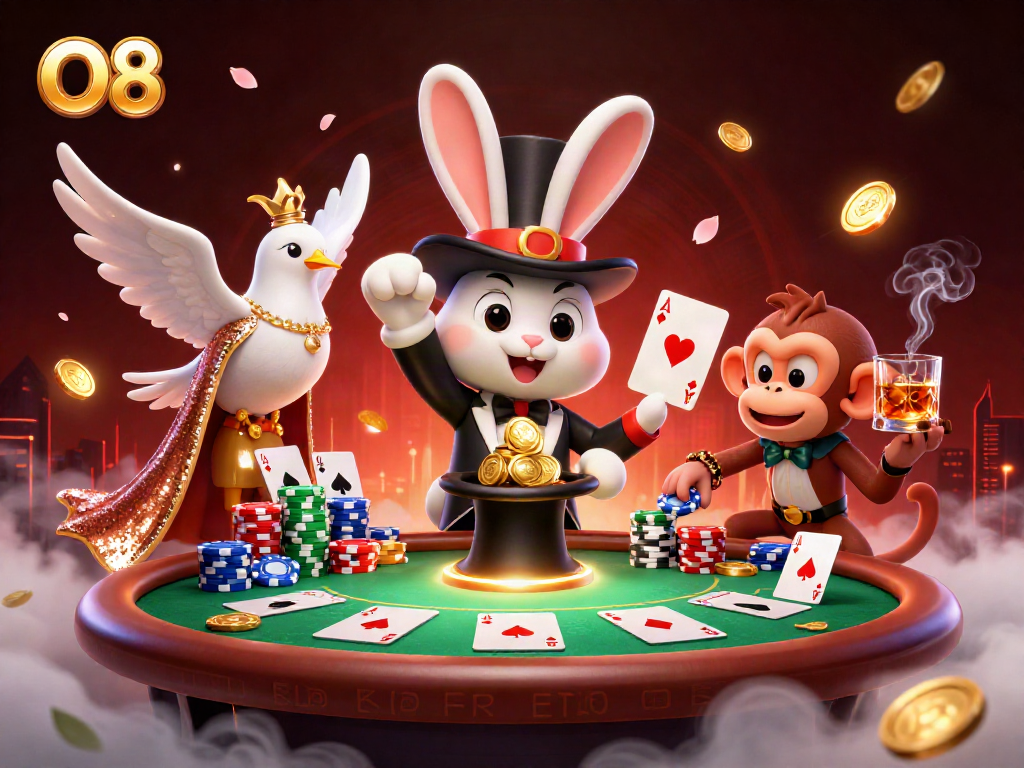 Experience the magic of O8 with a playful scene showcasing a magician rabbit engaging in card games.