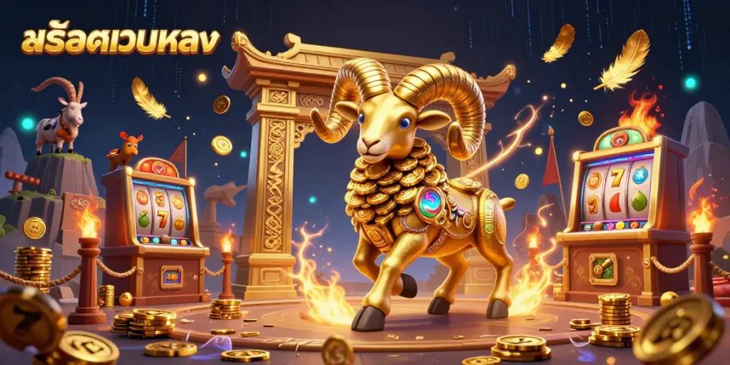สัญลักษณ์สล็อตเว็บตรงในภาพประกอบ 3D สุดอลังการที่แสดงความตื่นเต้นในเกมคาสิโน