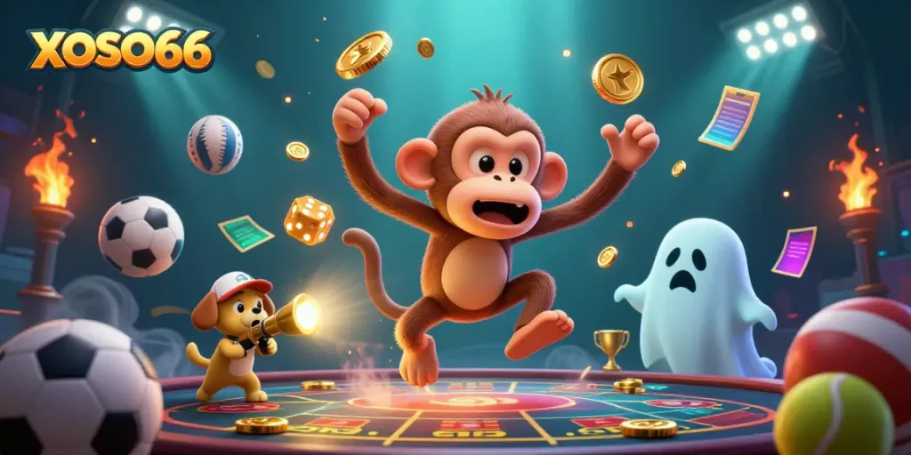 XOSO66 showcases a vibrant 3D casino scene with a playful ghost monkey juggling gold while being tracked by a curious puppy.