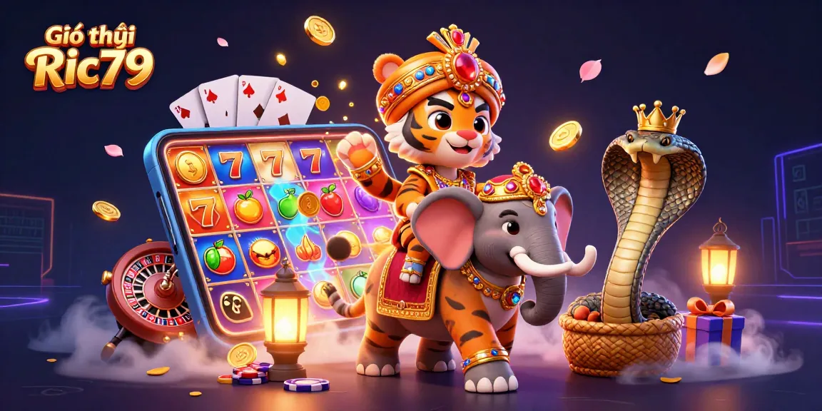 Engaging casino scene highlighting Giới thiệu Ric79 with a vibrant illustration of a maharaja tiger and gambling elements.