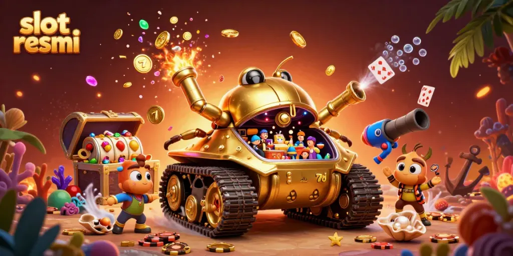 Tampilkan permainan slot resmi yang menarik dalam bentuk ilustrasi 3D, dikelilingi elemen kasino menyenangkan.