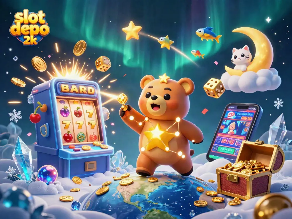 Scoop coins below with the 3D constellation bear in vibrant slot depo 2k scene full of golden jackpots.