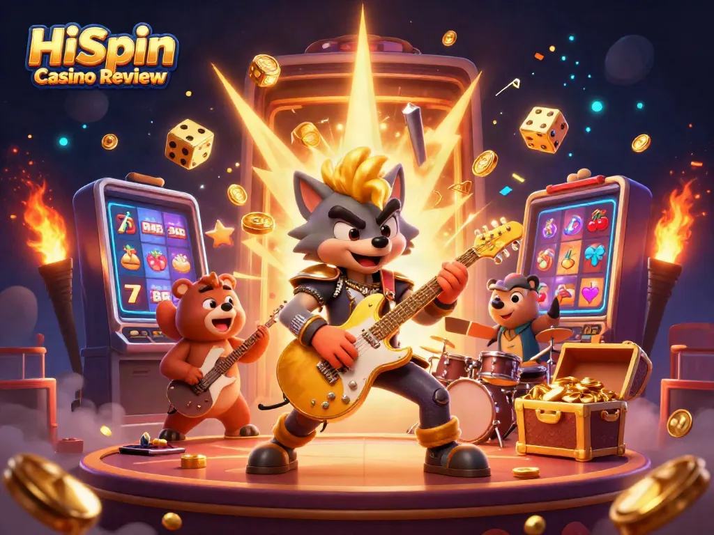 Experience HiSpin Casino Review with dynamic 3D characters, exciting game elements, and vibrant casino atmosphere.