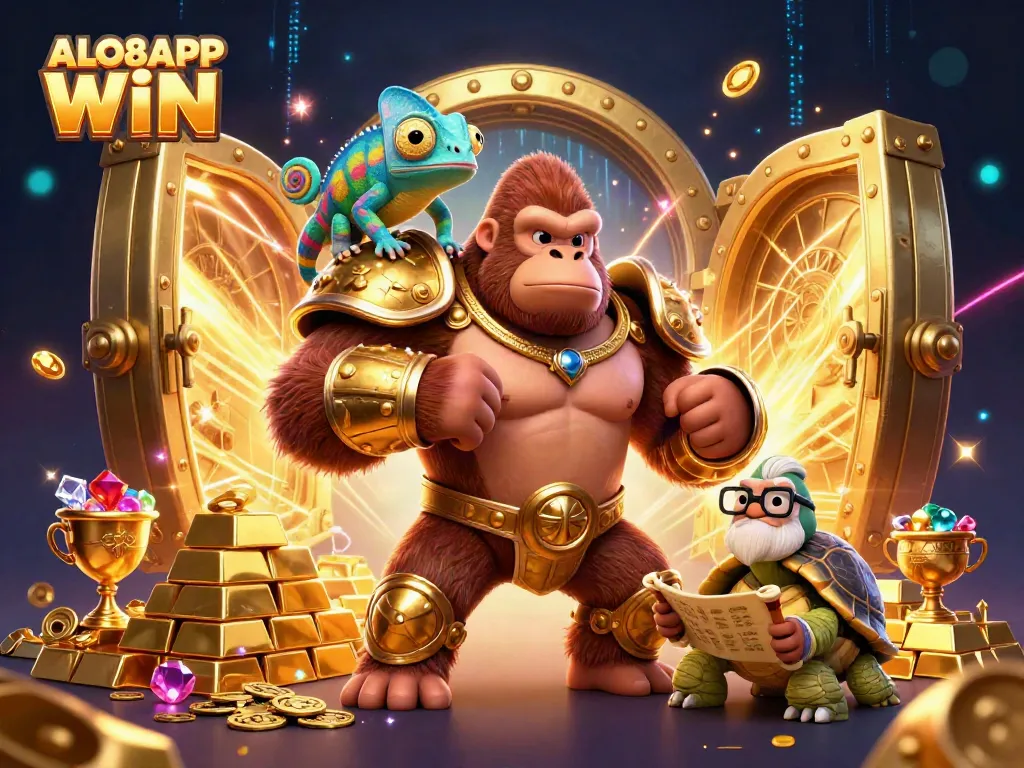 Engage with ALO8APP WIN through an exciting 3D casino illustration depicting a powerful gorilla king, a clever chameleon, and a wise tortoise.