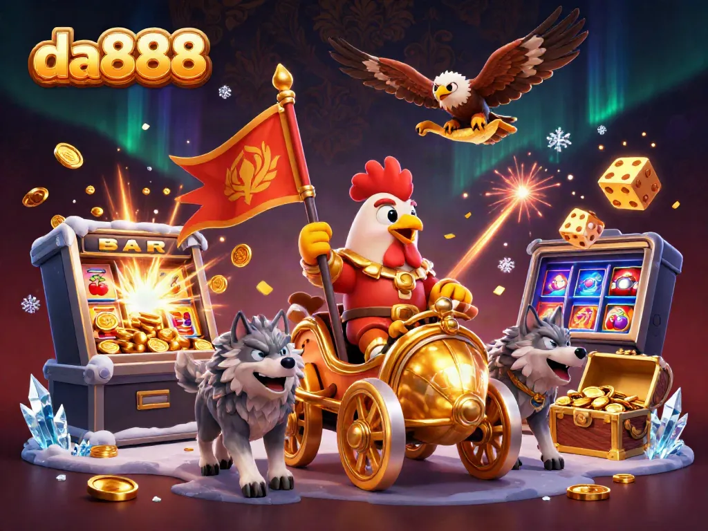Engage with the thrilling da888 casino world illustrated by a rooster warlord amidst a jackpot explosion.