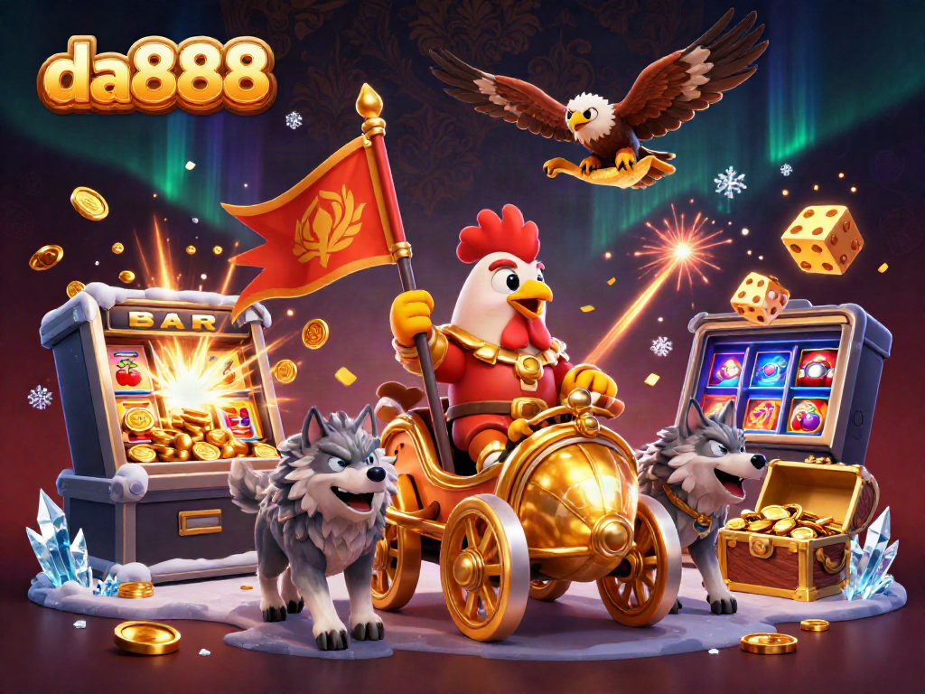Engage with the thrilling da888 casino world illustrated by a rooster warlord amidst a jackpot explosion.