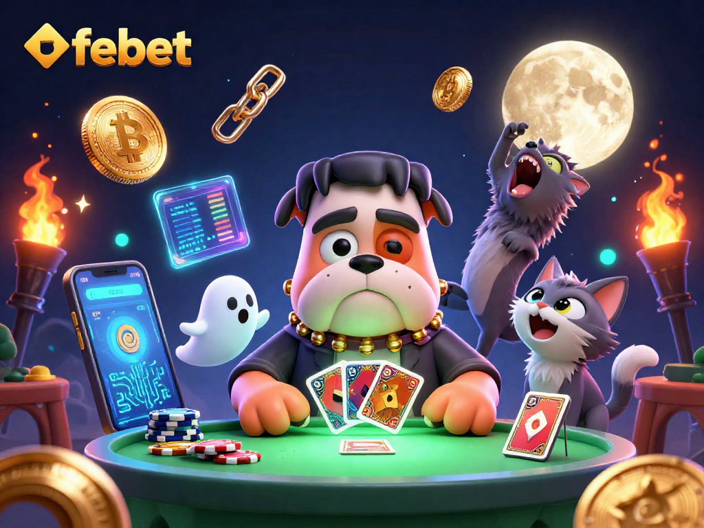 Experience thrilling gaming with febet as the Frankenstein bulldog monster deals cards in a spooky casino.