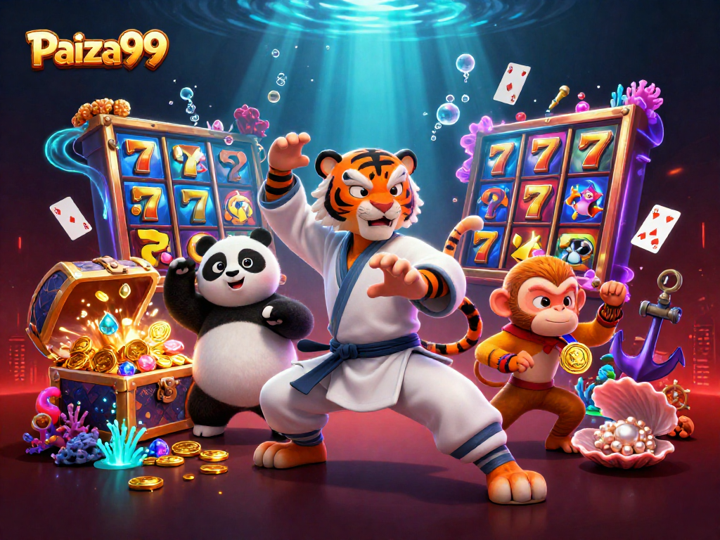 Engage with Paiza99's thrilling slots featuring a kung fu tiger and panda amidst sparkling treasures.