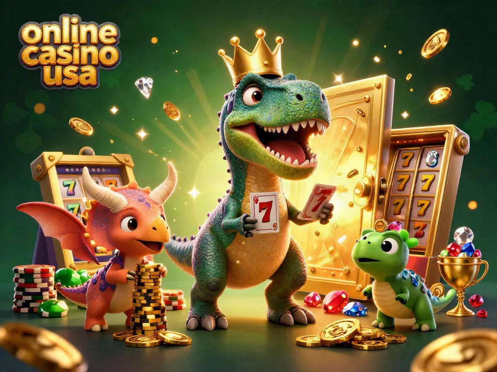 Engage with exciting games at an online casino USA featuring joyful dinosaurs playing cards and stacking chips.