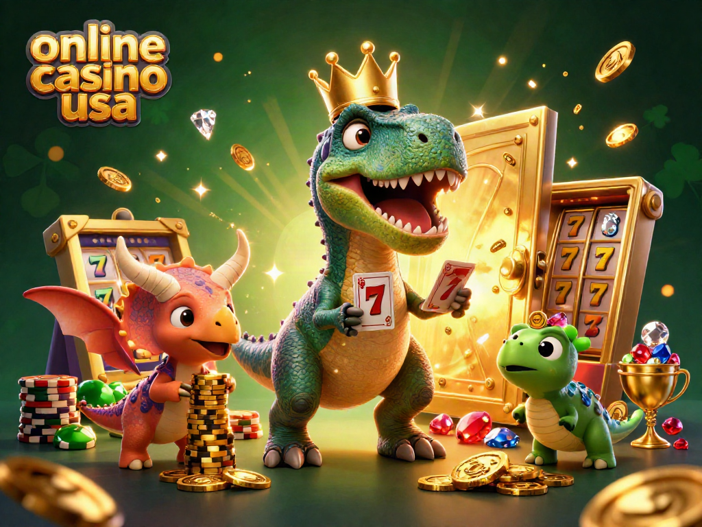 Engage with exciting games at an online casino USA featuring joyful dinosaurs playing cards and stacking chips.