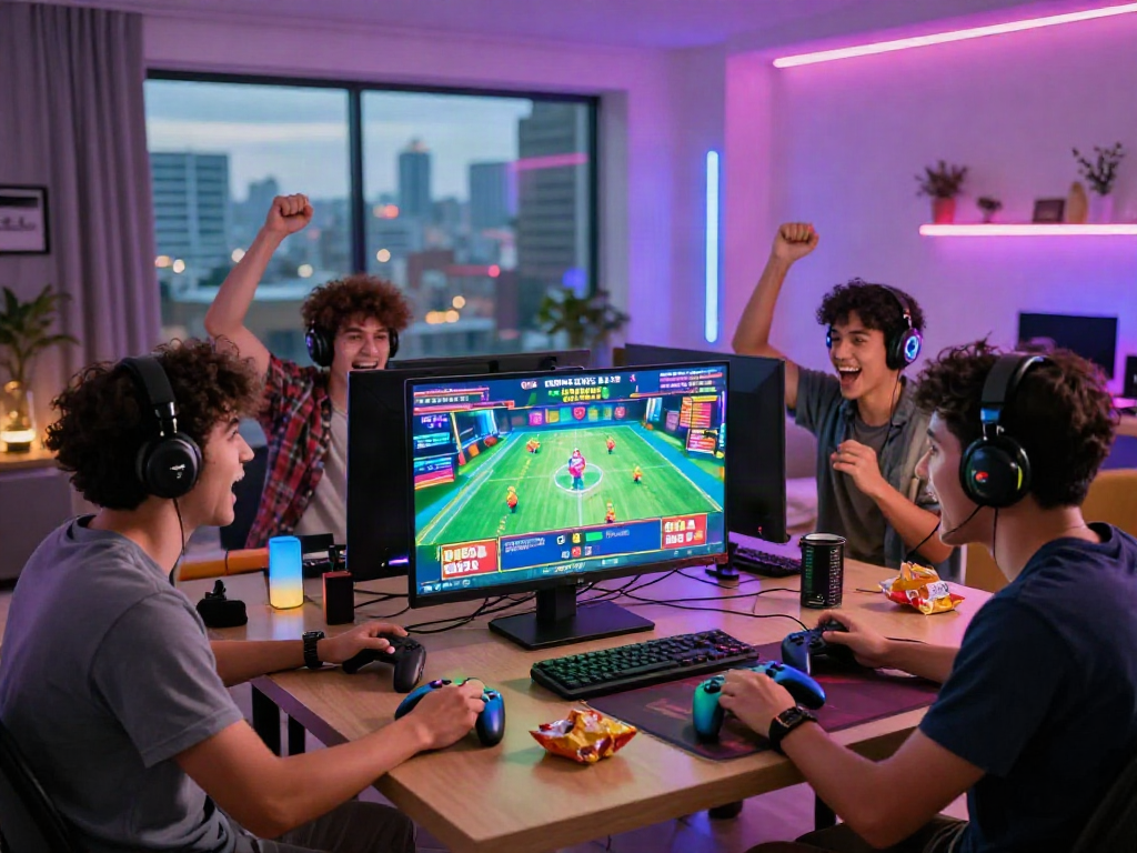 Exciting group of friends enjoying a situs togel online game live stream in a modern gaming setup.