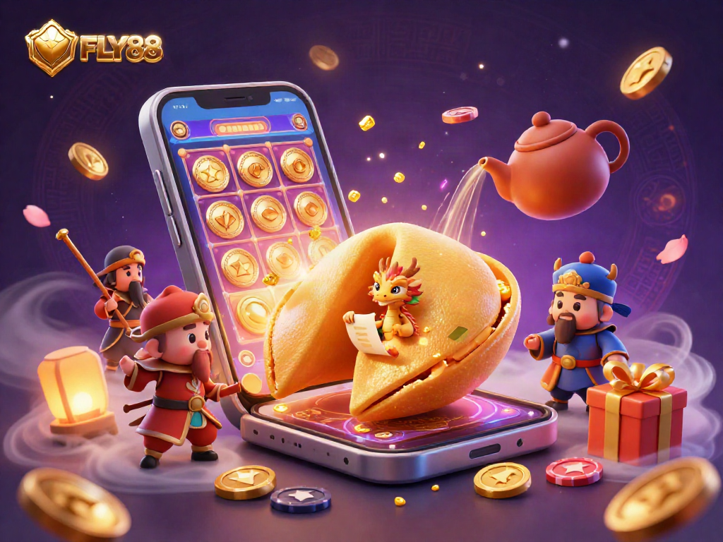 FLY88 engages players with a vibrant 3D casino scene featuring a golden fortune cookie and dynamic slot game.