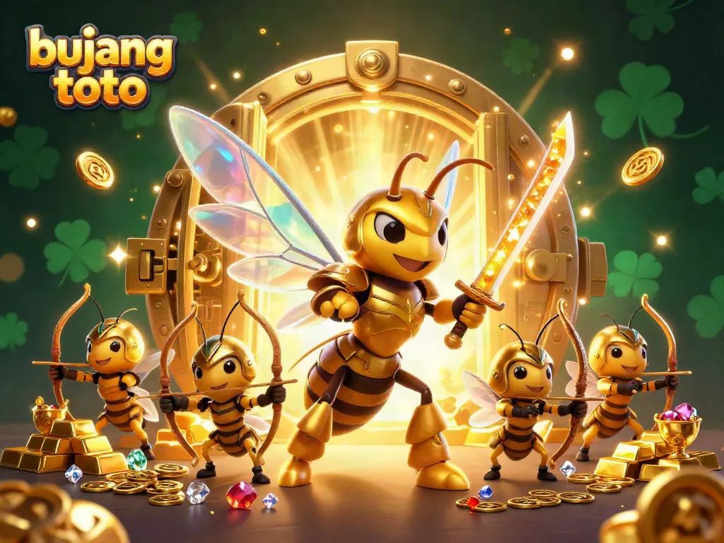 Engage with bujang toto's vibrant online casino atmosphere, showcasing a golden hornet warrior surrounded by treasure.
