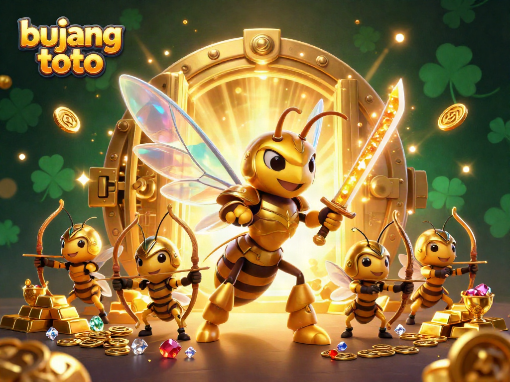 Engage with bujang toto's vibrant online casino atmosphere, showcasing a golden hornet warrior surrounded by treasure.