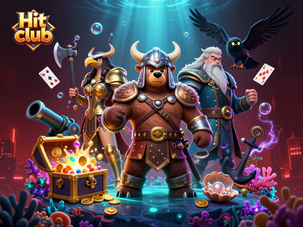 Engage with the Hit club thrilling 3D scene showing characters amid gold coins and cards.